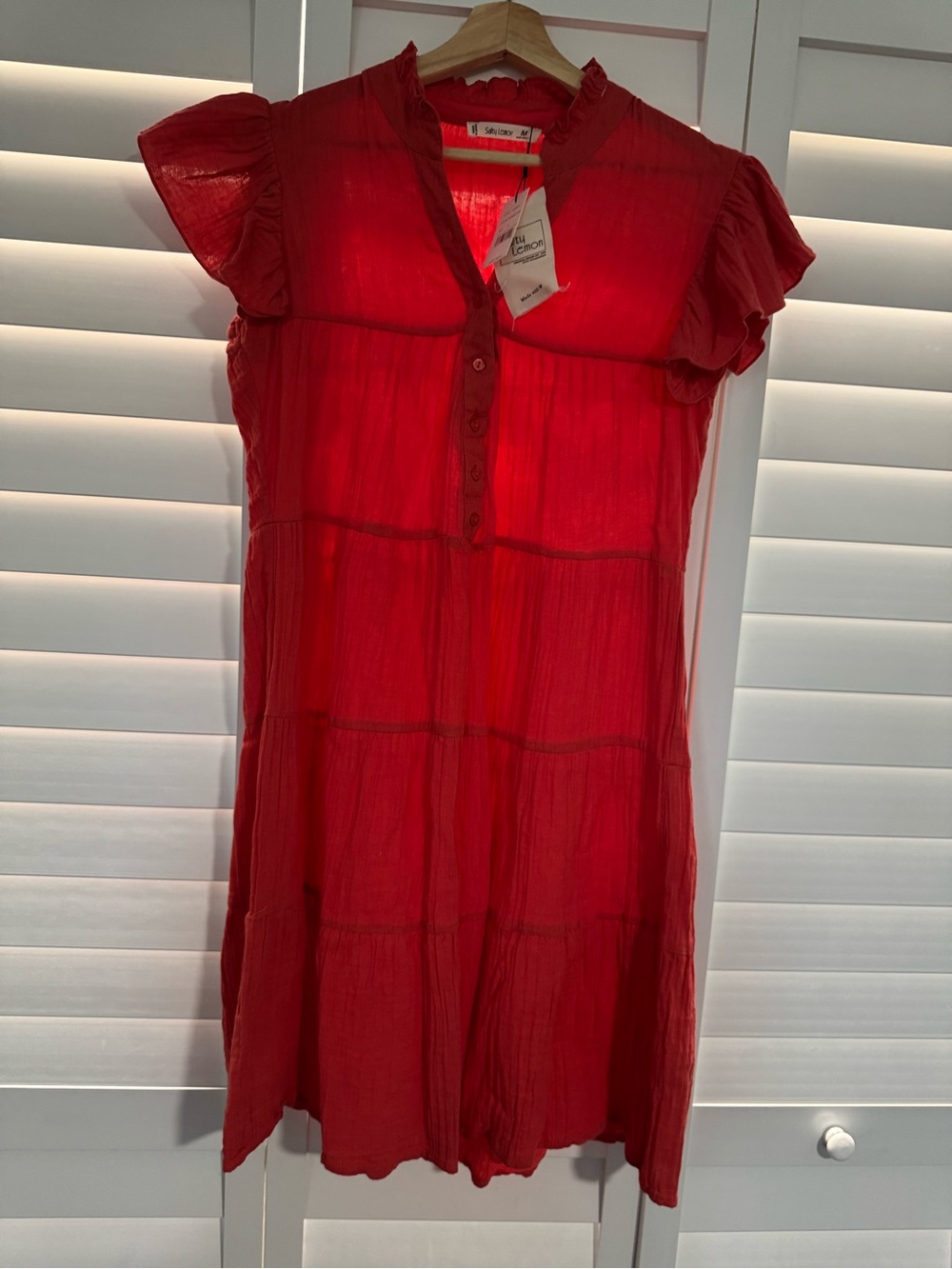 Lemon Red Ruffle-Sleeve Button-Front Dress